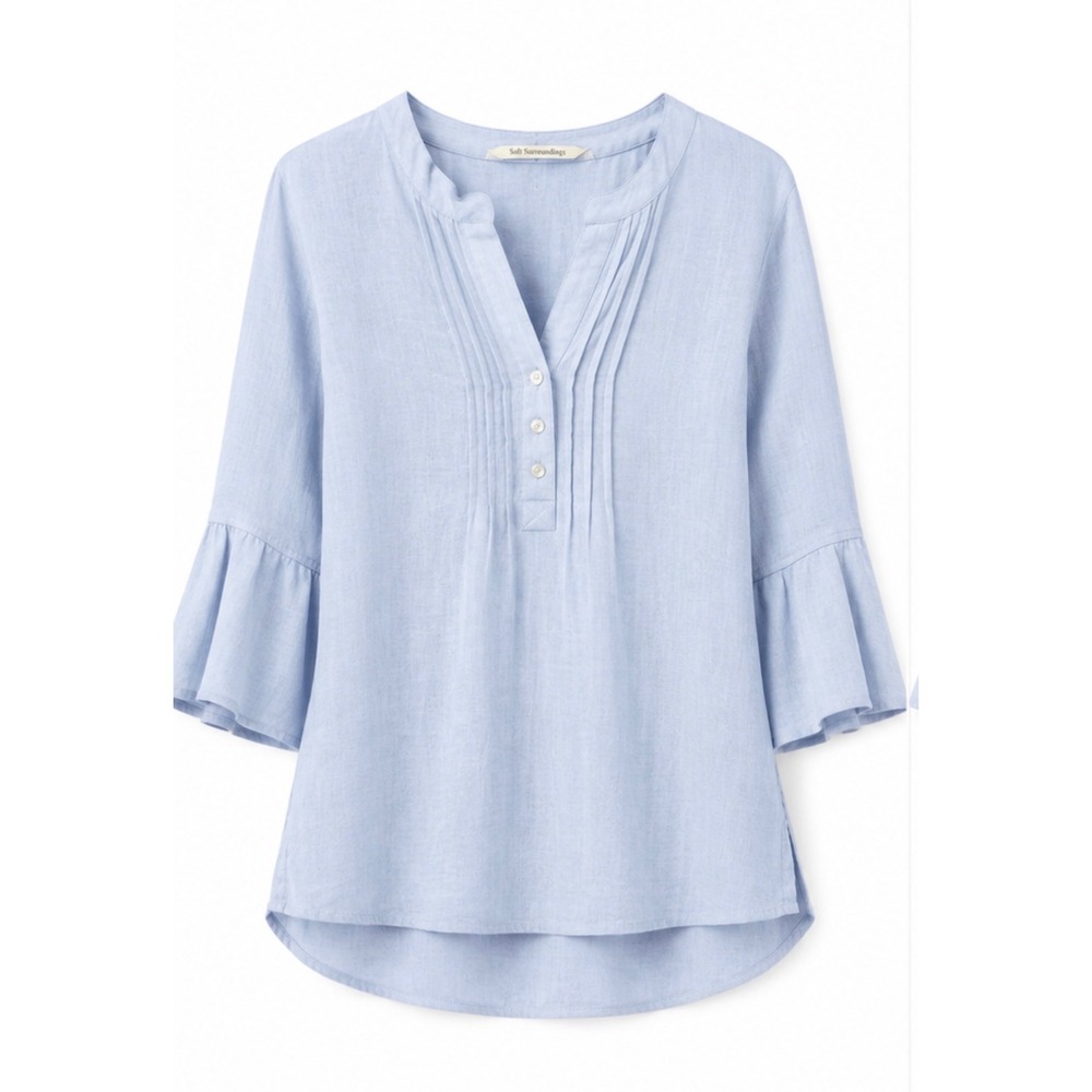 Soft Surroundings Petite Large PL Linen Blend Pintuck Blouse Light Blue